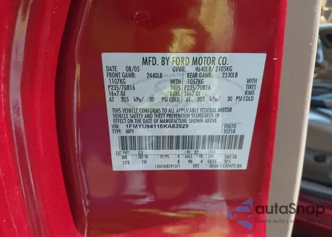 2006 Ford Escape Limited из США, поврежденный, VIN 1FMYU94116KA83929